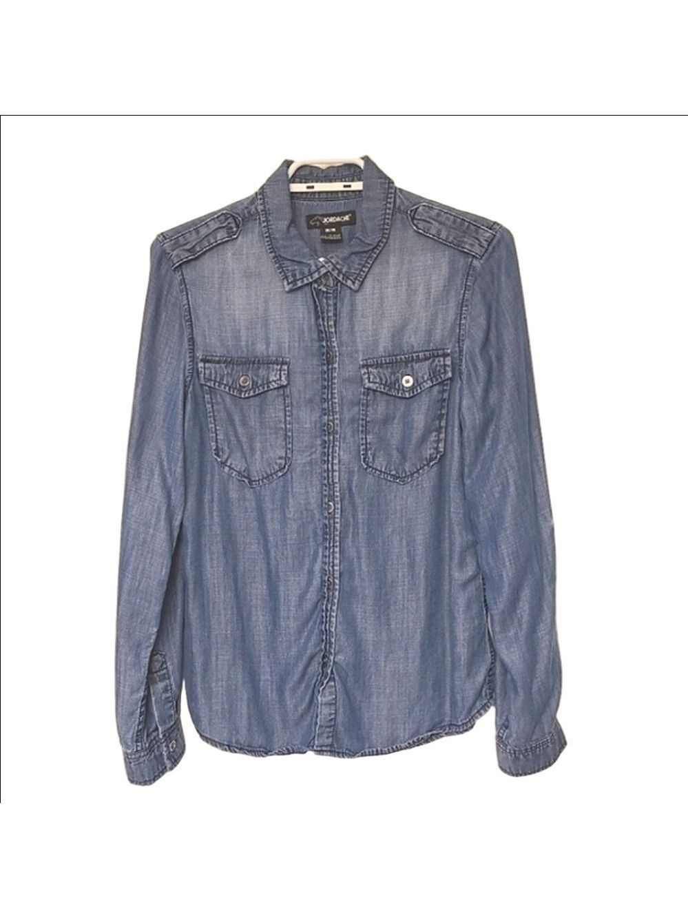 JORDACHE WOMENS BLUE DENIM CHAMBRAY BUTTON DOWN SHIRT DARK WASH FADED MEDIUM